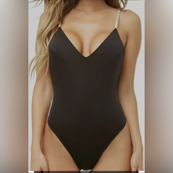 Forever 21 Black Satin Stretch Rhinestone Strap V-Neck Bodysuit - Picture 2 of 5